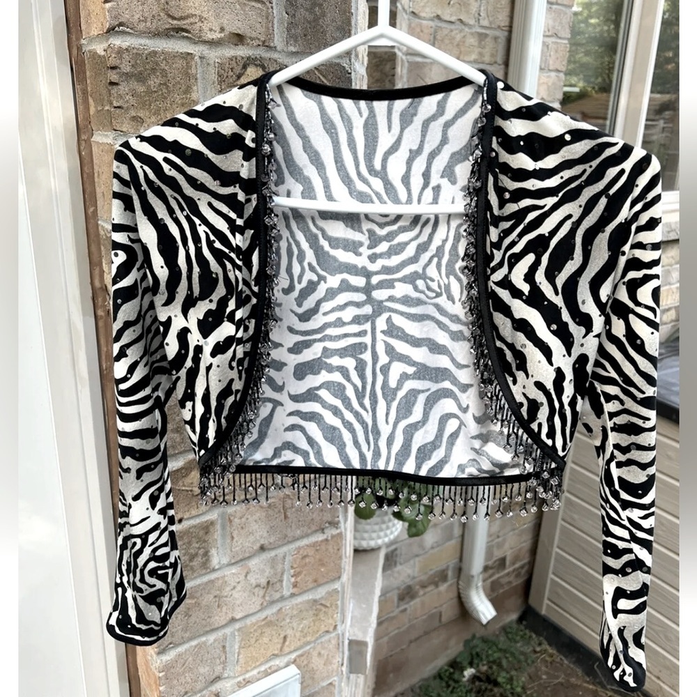 Y2K 90’S Zebra print beaded sequin open cardigan shawl SZ small Made in Canada